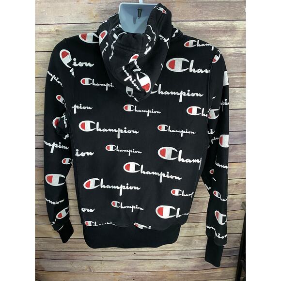 Champion Reverse Weave All Over Logo Pullover Hoodie Iconic Classic Sweatshirt - Picture 2 of 9